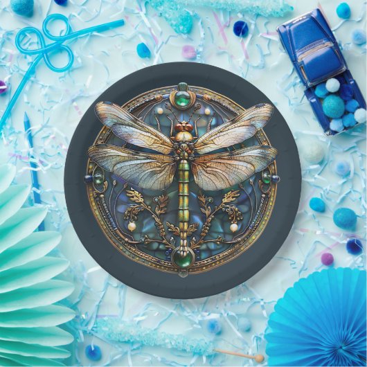 Assiettes En Carton Perles de libellules Art déco Emeralds Gold (Fête)