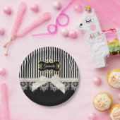 Assiettes En Carton Perles et dentelle Black Stripes Crème Bow Gold No (Fête)