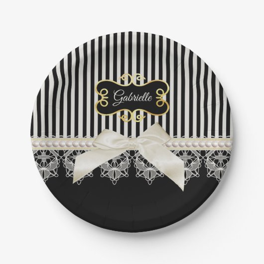 Assiettes En Carton Perles et dentelle Black Stripes Crème Bow Gold No (Devant)