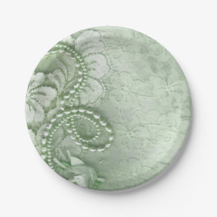 Assiettes En Carton Perles et dentelle épousant le vert en bon état de