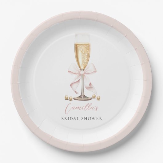 Assiettes En Carton Perles roses et bow de prosecco Shower de mariage (Devant)