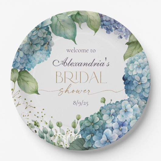 Assiettes En Carton Personalise Bridal Shower Blue Hydrangeas Welcome (Devant)