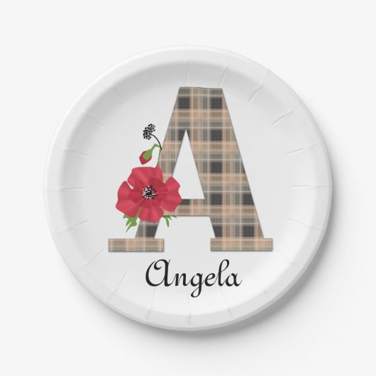 Assiettes En Carton Personalized monogram editable A text red flower f (Devant)