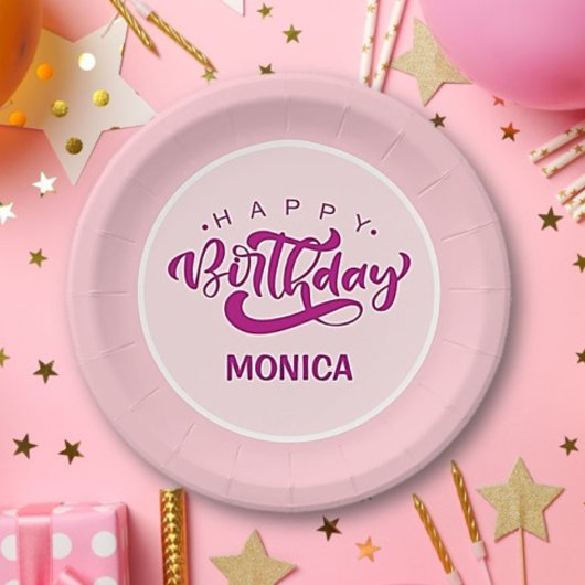 Assiettes En Carton Personalized Pink Happy Birthday