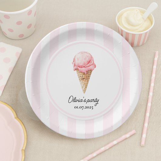 Assiettes En Carton Personalized Pink Ice Cream Cone Birthday