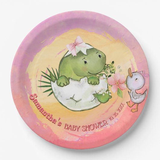 Assiettes En Carton Personalized Round Dino & Duckling Baby Shower  (Devant)