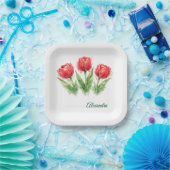 Assiettes En Carton Personalized Watercolor Red Tulips  (Fête)