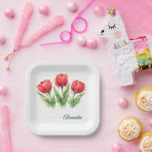 Assiettes En Carton Personalized Watercolor Red Tulips  (Fête)