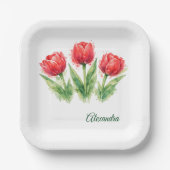 Assiettes En Carton Personalized Watercolor Red Tulips  (Recto)