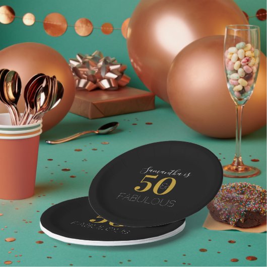 Assiettes En Carton Personnalisé 50 et fabuleux Black Gold Birthday (Multi)