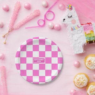 Assiettes En Carton Personnalisé À damiers Neon Rose Highlight