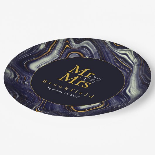 Assiettes En Carton Personnalisé Blue Agate Mariage M. Mme (Angle)