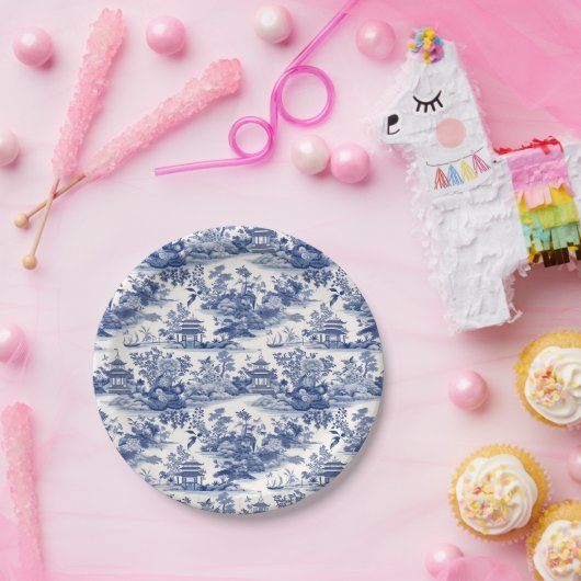 Assiettes En Carton Personnalisé Chinoiserie Motif Pagode Bleu (Fête)