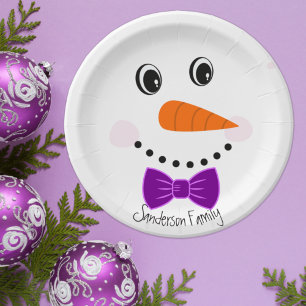 Assiettes En Carton Personnalisé Happy Face Snowman Purple Bowtie