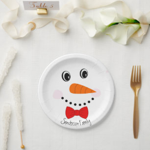 Assiettes En Carton Personnalisé Happy Face Snowman Red Bowtie