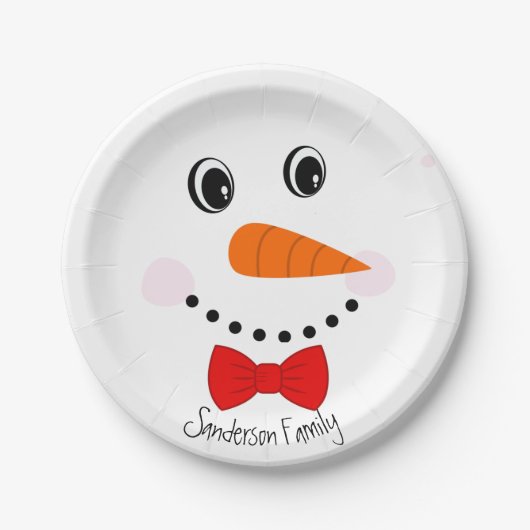 Assiettes En Carton Personnalisé Happy Face Snowman Red Bowtie (Devant)