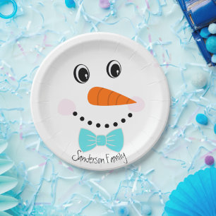 Assiettes En Carton Personnalisé Happy Face Snowman Turquoise Blue Bow