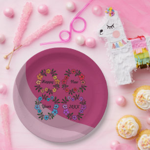 ASSIETTES EN CARTON PERSONNALISÉ HAPPY NEW YEAR 20XX & FLEURS WREATHS