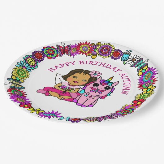 Assiettes En Carton Personnalisé Joyeux Anniversaire licorne et fée (Angle)