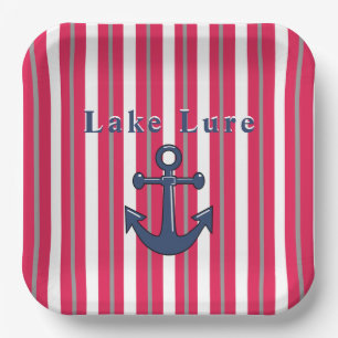 Assiettes En Carton Personnalisé Lac ou Plage Rayé Rouge Blanc