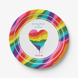 Assiettes En Carton Personnalisé Mariage LGBT Rainbow Heart