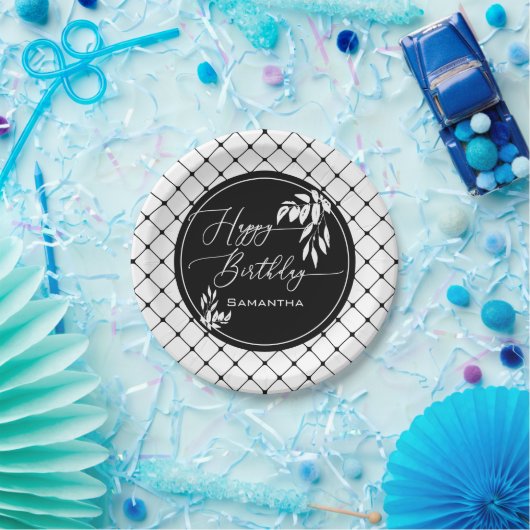 Assiettes En Carton Personnalisé noir blanc Joyeux Motif diamant d'ann (Fête)