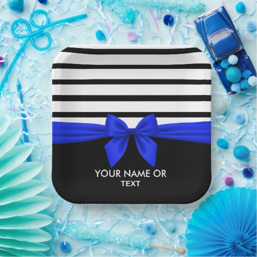 Assiettes En Carton Personnalisé noir blanc rayé Noël bleu Bow (Fête)