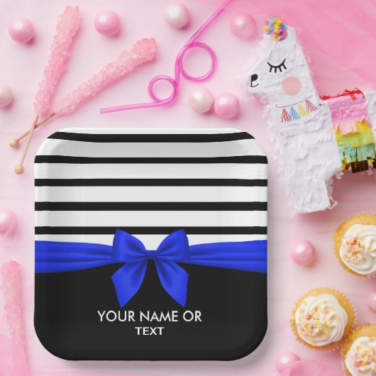 Assiettes En Carton Personnalisé noir blanc rayé Noël bleu Bow (Fête)