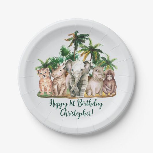 Assiettes En Carton Personnalisé Nom Safari Animaux Palm Trees Anniver (Devant)