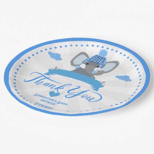 Assiettes En Carton Personnalisé Rustic Blue Elephant Baby shower garç (Angle)