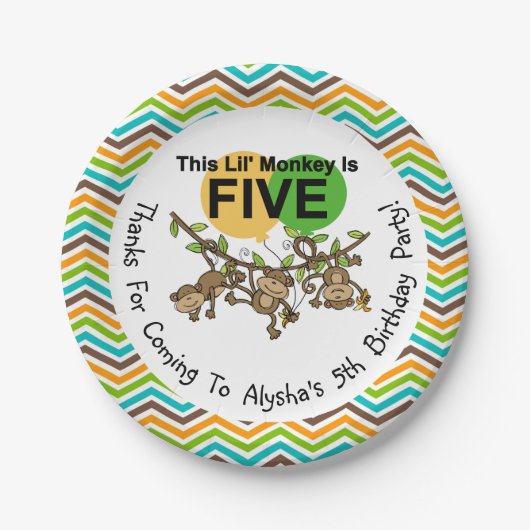 Assiettes En Carton PersonnaliséPetits singes Plaques papier 5e annive (Devant)