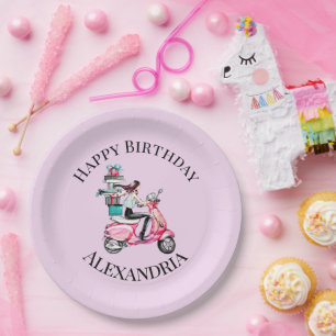 Assiettes En Carton Personnaliser Fille sur scooter Joyeux anniversair