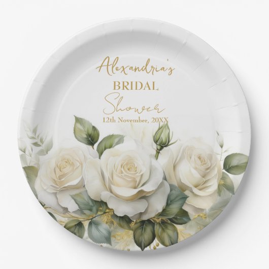 Assiettes En Carton Personnaliser la Fête des mariées Roses blanches (Devant)