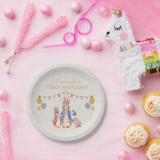 Assiettes En Carton Personnaliser Peter lapin lin beige 1er anniversai (Fête)
