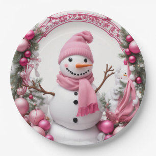 Assiettes En Carton Personnaliser : Pink Christmas Snowman
