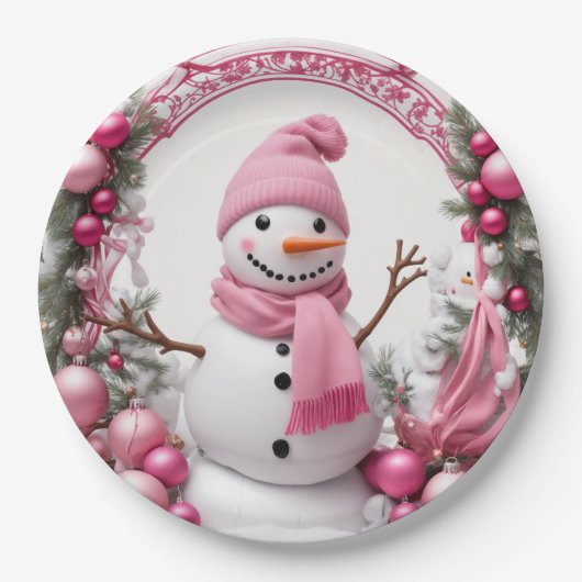 Assiettes En Carton Personnaliser : Pink Christmas Snowman (Devant)