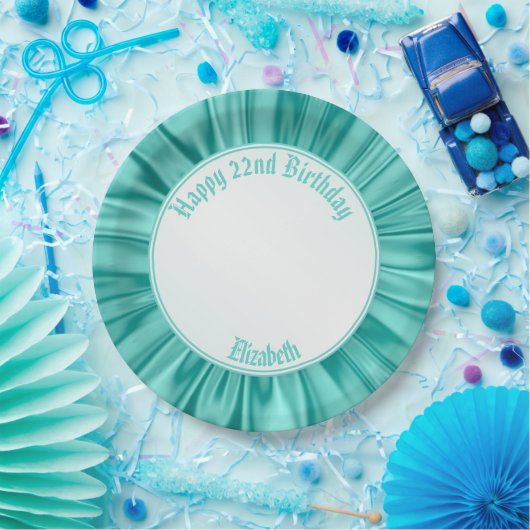 Assiettes En Carton Personnalisez le satin d'Aqua de Faux de "joyeux (Fête)