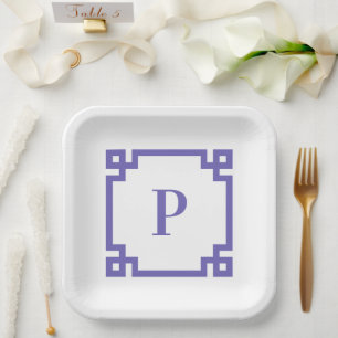 Assiettes En Carton Pervenche Clé Grecque Bordure Carrée Monogramme