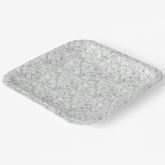 Assiettes En Carton Pétales Blanches À Fleur D'Hydrangée Sur Sage (Angulaire)