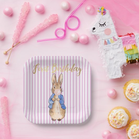 Assiettes En Carton Peter le lapin soufflant rose bulle gomme (Fête)