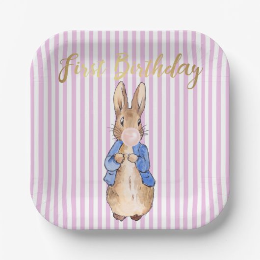 Assiettes En Carton Peter le lapin soufflant rose bulle gomme (Recto)