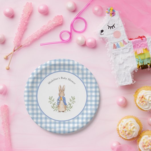 Assiettes En Carton Peter Rabbit Bleu Blanc En vichy Baby shower (Fête)