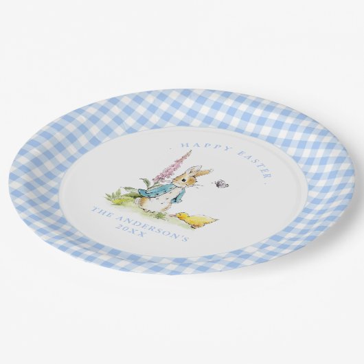 Assiettes En Carton Peter Rabbit Bleu En vichy frontière Brunch de Pâq (Angle)