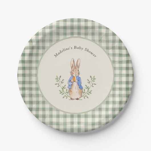Assiettes En Carton Peter Rabbit Sage Green En vichy Baby shower (Devant)