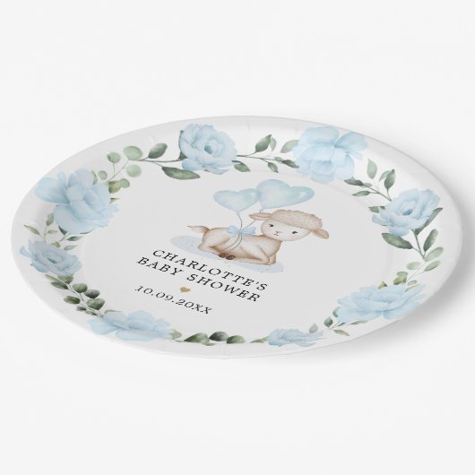 Assiettes En Carton Petit agneau bleu Baby shower de verdure fleurie (Angle)