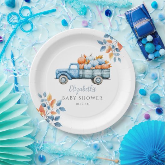 Assiettes En Carton Petit Baby shower bleu Citrouille arrière-plan pho (Fête)