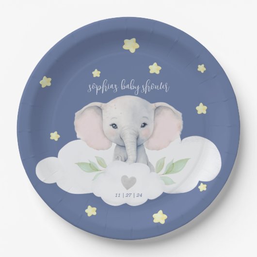 Assiettes En Carton Petit Baby shower Garçon d'arachide Blue Elephant (Devant)