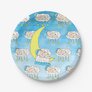 Assiettes En Carton Petit Bébé caucasien dormant sur la Lune