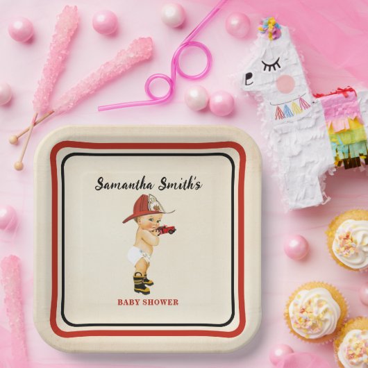 Assiettes En Carton Petit Bébé Pompier Baby shower Crème Rouge (Fête)