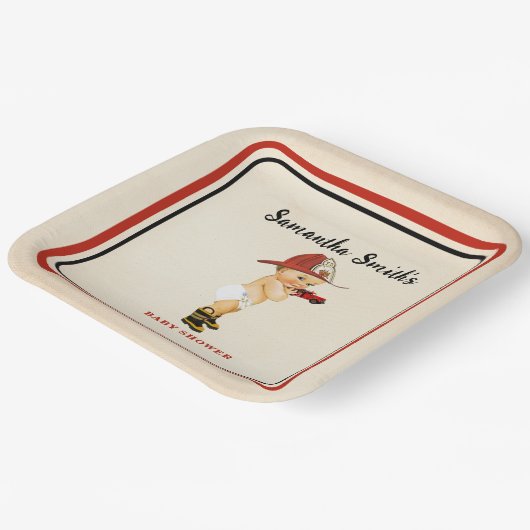 Assiettes En Carton Petit Bébé Pompier Baby shower Crème Rouge (Angulaire)